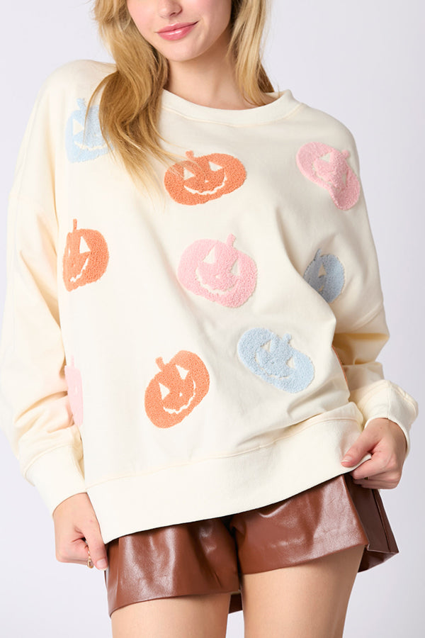 Sweat ample d’Halloween à citrouille multicolore brodée — vue 2