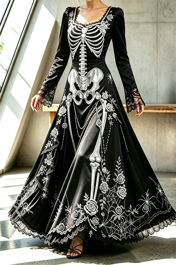 Robe longue d’Halloween à têtes de mort, col carré et manches évasées — vue du produit