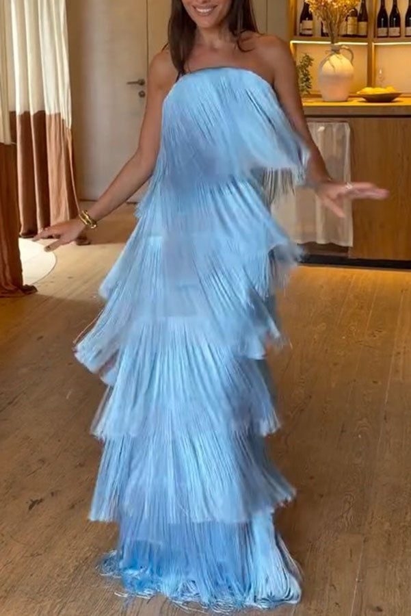 Robe longue à épaules dénudées, franges et lien dans le dos — vue du produit