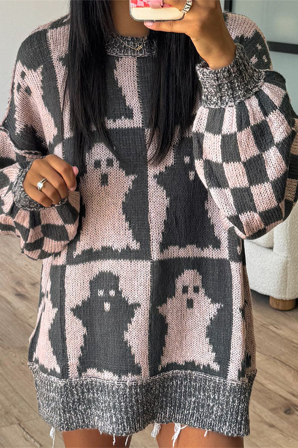 Pull ample en maille à fantômes et damier — vue du produit