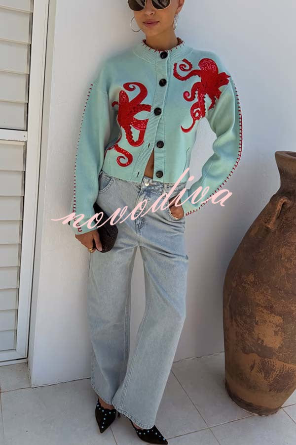 Cardigan ample en maille à motif pieuvre et finitions contrastées — vue 2