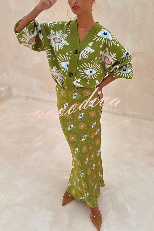Cardigan ample boutonné en maille à motifs yeux et cœurs — vue 1