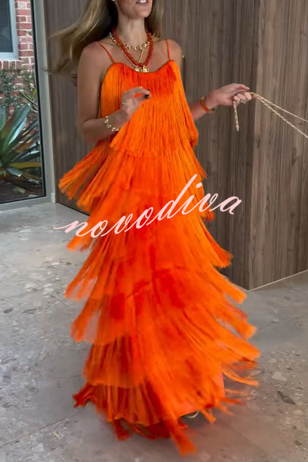 Robe longue sans manches à franges superposées et lien dans le dos — vue 1