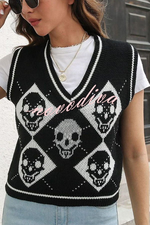 Pull sans manches d’Halloween à têtes de mort et losanges — vue du produit