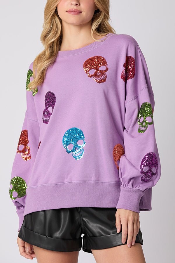 Sweat ample d’Halloween à tête de mort en sequins — vue 2