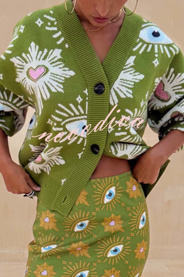 Cardigan ample boutonné en maille à motifs yeux et cœurs — vue 2