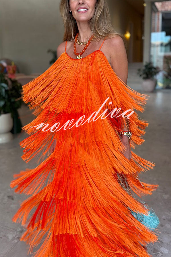 Robe longue sans manches à franges superposées et lien dans le dos — vue 2