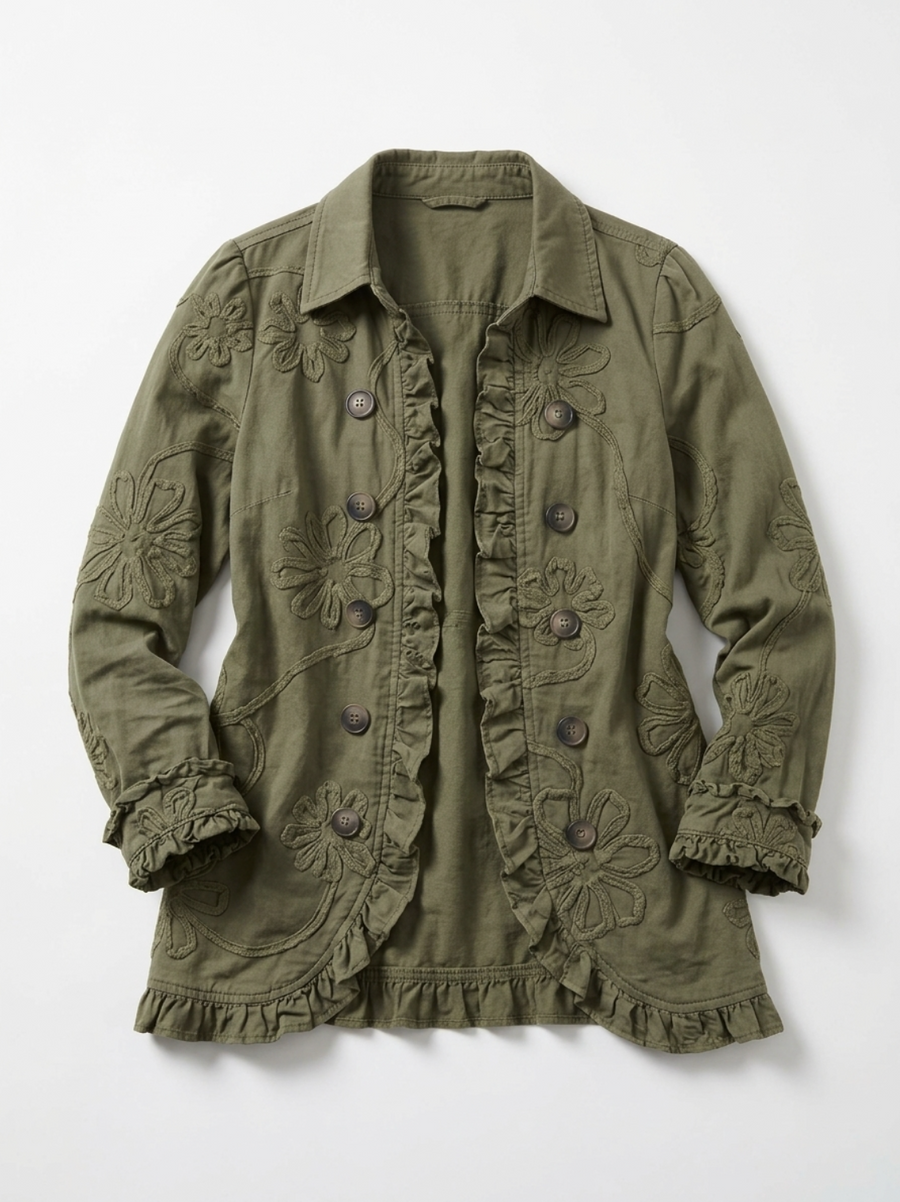 Veste vert olive à broderies florales et volants — vue 2