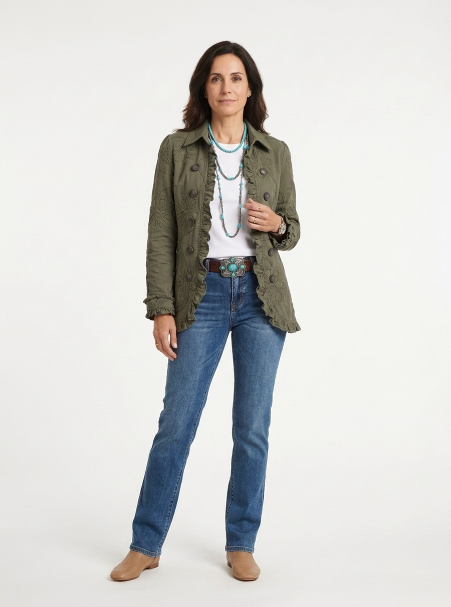 Veste vert olive à broderies florales et volants — vue 1