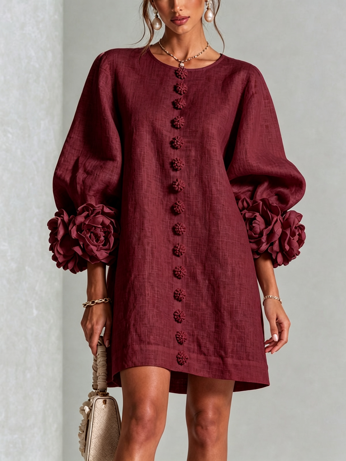 Robe à poignets en forme de roses | Bordeaux — vue 1