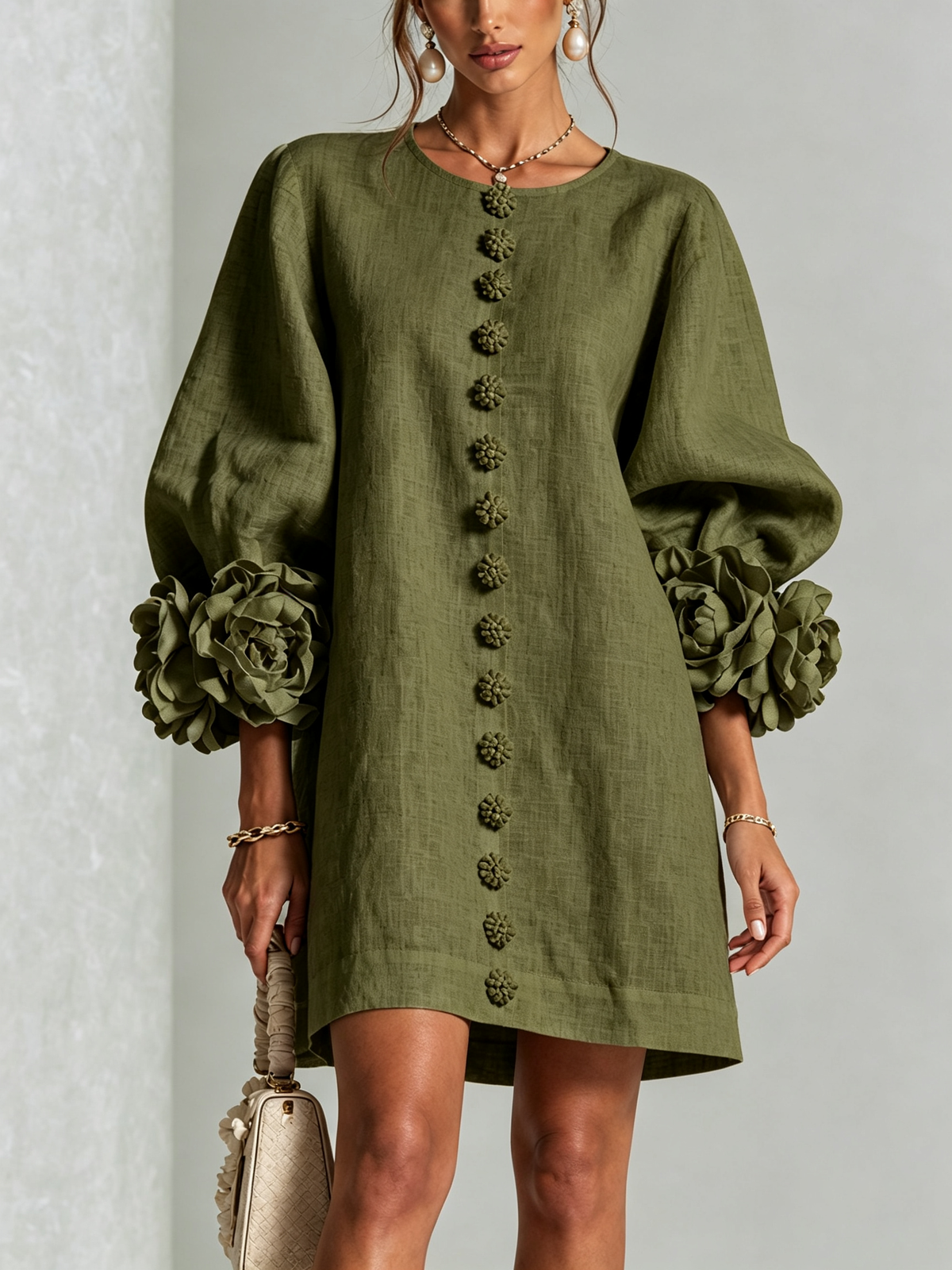 Robe à poignets en forme de roses | Vert foncé — vue 1