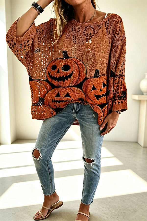 Pull ample d’Halloween à motifs citrouilles et chauves-souris — vue du produit