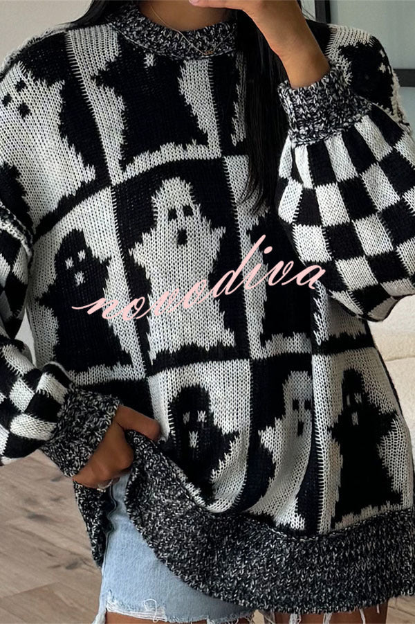 Pull ample en maille à fantômes et damier — vue du produit