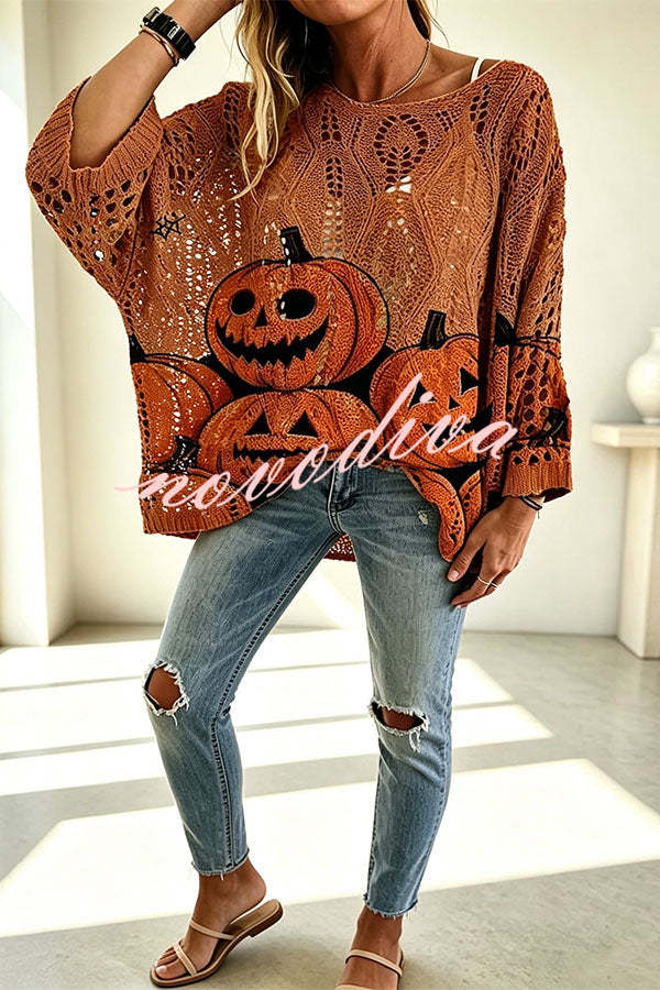 Pull ample d’Halloween à motifs citrouilles et chauves-souris — vue du produit