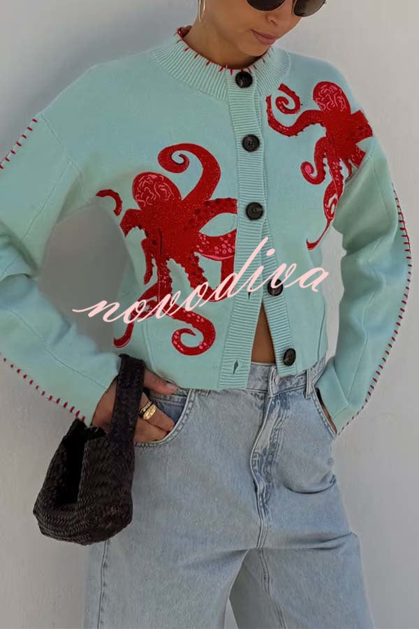 Cardigan ample en maille à motif pieuvre et finitions contrastées — vue 1