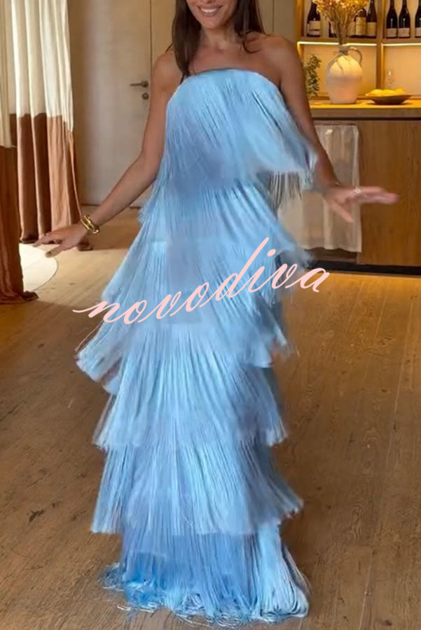 Robe longue à épaules dénudées, franges et lien dans le dos — vue du produit