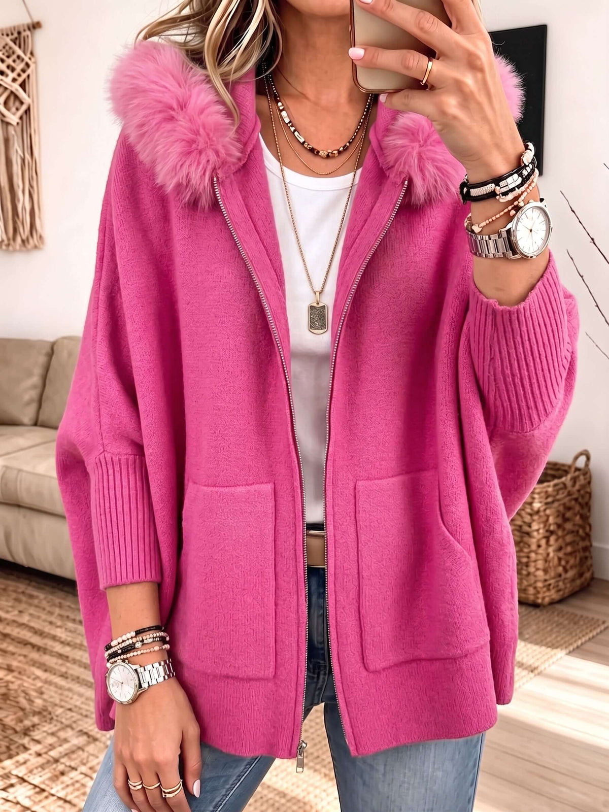 Cardigan ample à capuche, fausse fourrure, fermeture éclair et poches — vue 1
