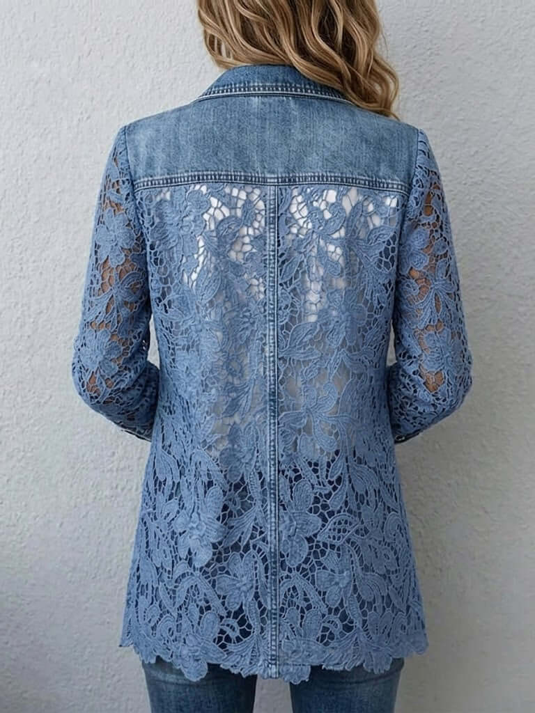 Veste en jean à empiècements de dentelle florale en relief — vue 2