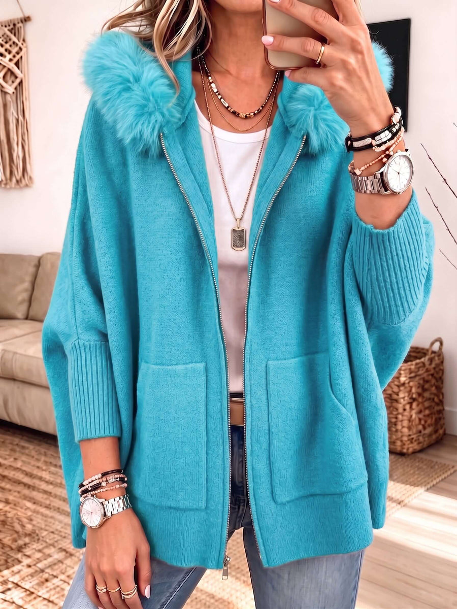 Cardigan ample à capuche, fausse fourrure, fermeture éclair et poches — vue 2