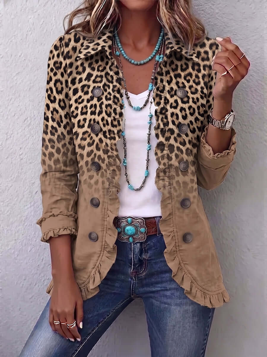 Veste rétro à imprimé léopard camel et volants — vue 1