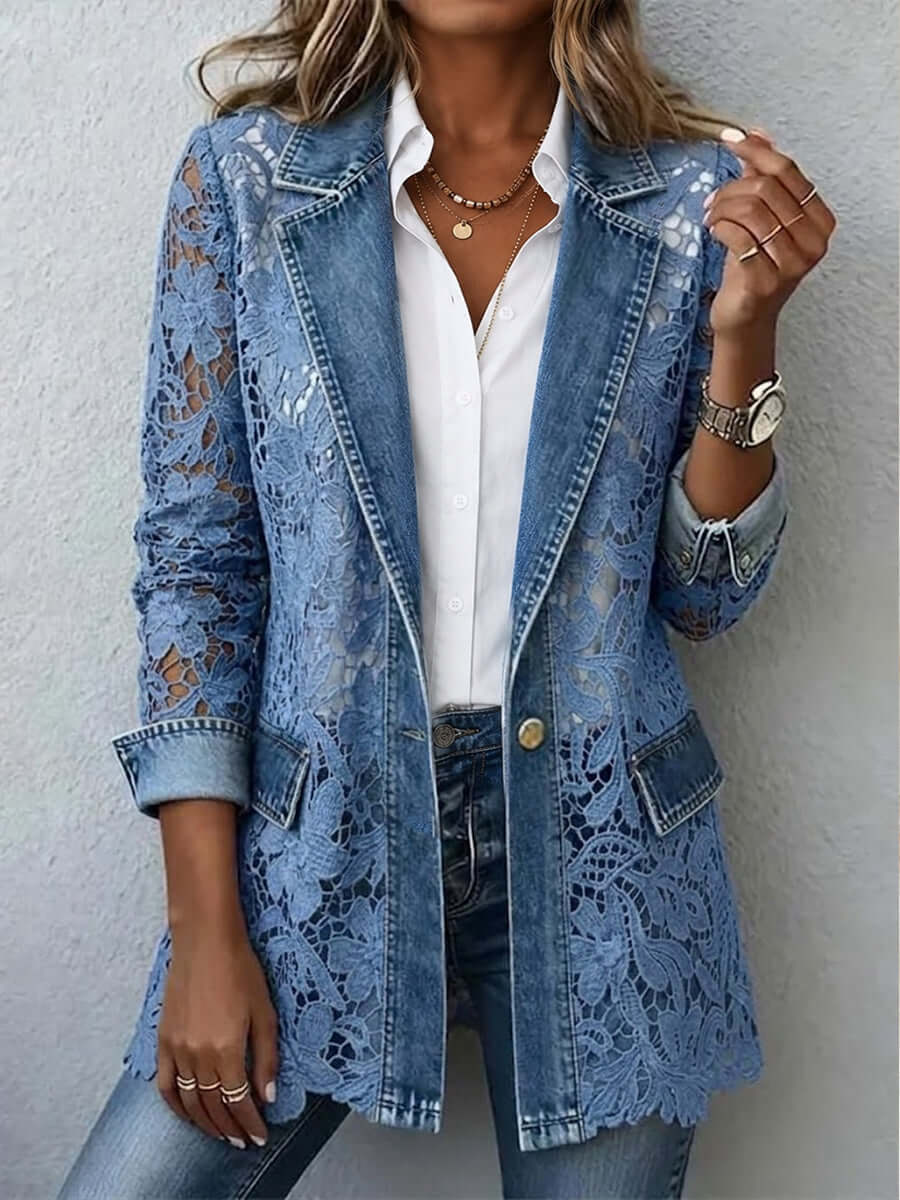 Veste en jean à empiècements de dentelle florale en relief — vue 1